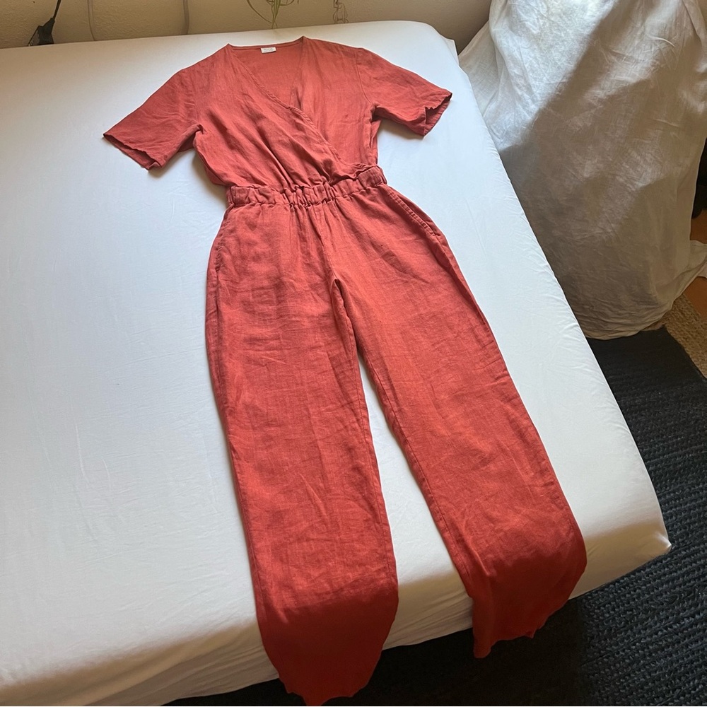 ISONA rust red orange linen short sleeve straight‎ leg cropped jumpsuit